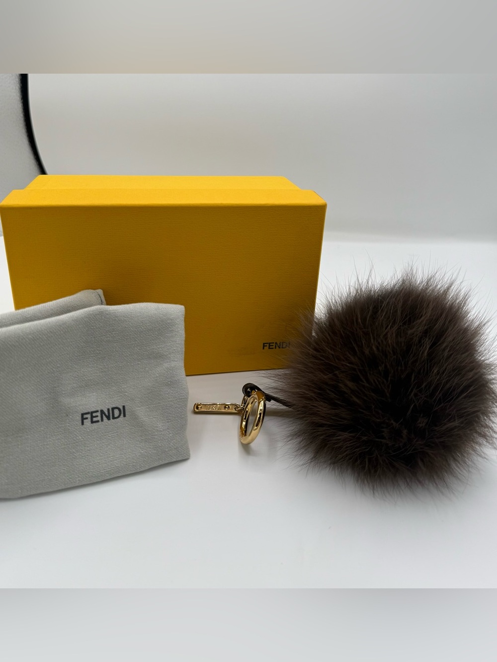 Fendi Dark Brown Fur Pom-Pom Key & Card Holder with Gold Hardware